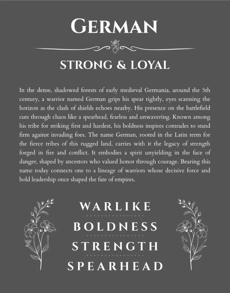 German personalized name art with origin story in gray