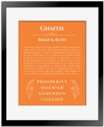 Ghaith personalized wall art with the story of your name in orange with black matte frame