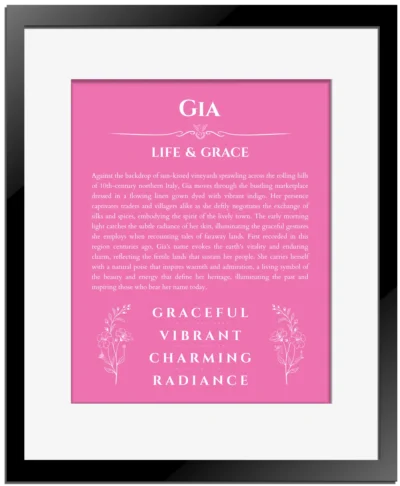 Gia custom name print for wall display in pink with black matte frame