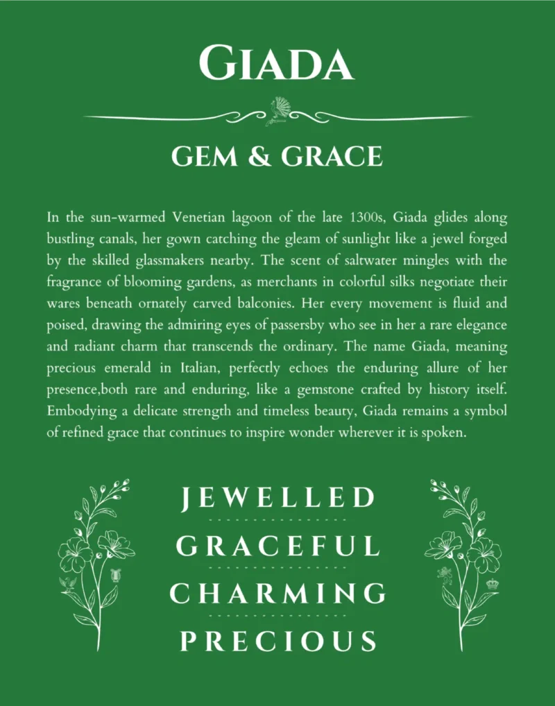 Giada name origin print with meaning and traits in dark green