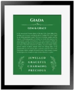 Giada name origin print with meaning and traits in dark green with black matte frame