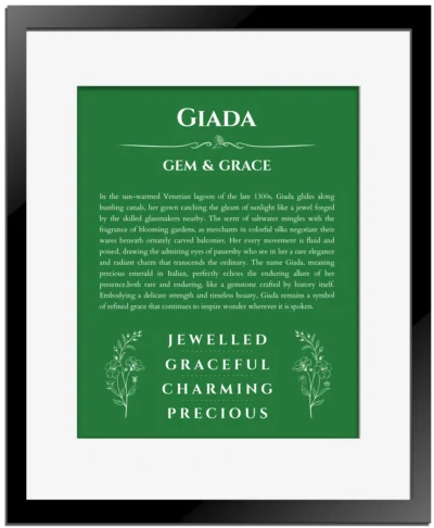Giada name origin print with meaning and traits in dark green with black matte frame