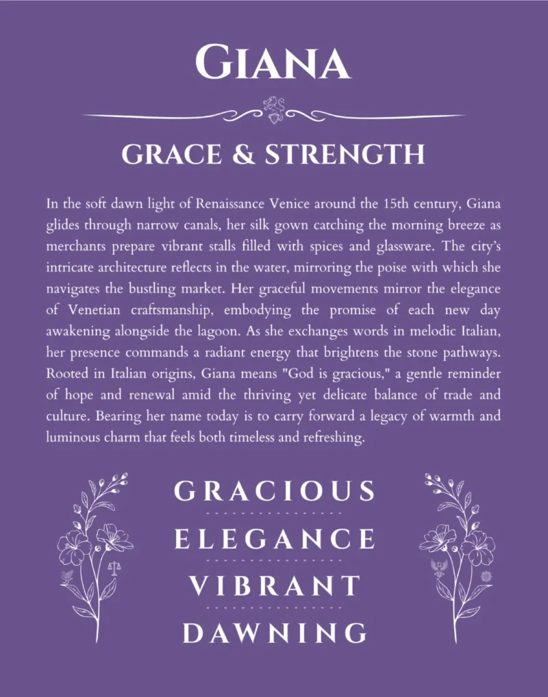 Giana name origin print with meaning and traits in purple
