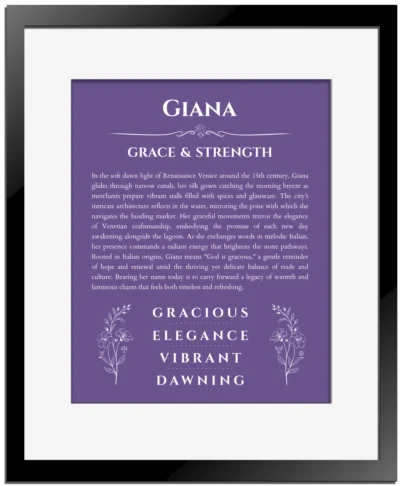 Giana name origin print with meaning and traits in purple with black matte frame