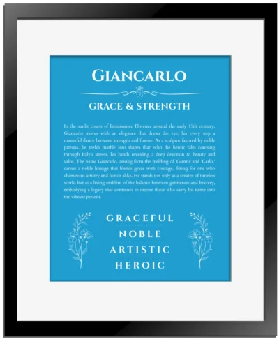 Giancarlo custom name meaning print in blue with black matte frame