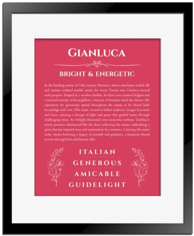 Gianluca name meaning gift print in red with black matte frame