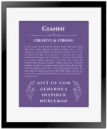 Gianni custom name art showing meaning and origin in purple with black matte frame
