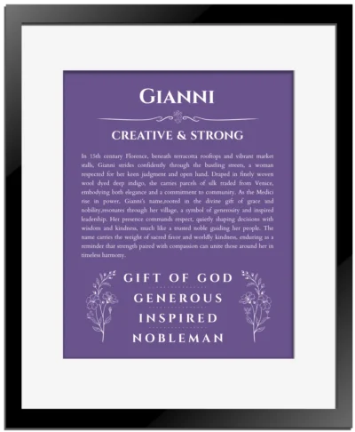 Gianni custom name art showing meaning and origin in purple with black matte frame