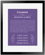 Giannis personalized wall art with the story of your name in purple with black matte frame