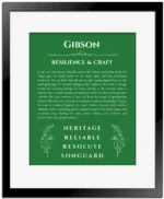 Gibson personalized name meaning print in dark green with black matte frame