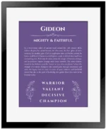 Gideon personalized name meaning print in purple with black matte frame