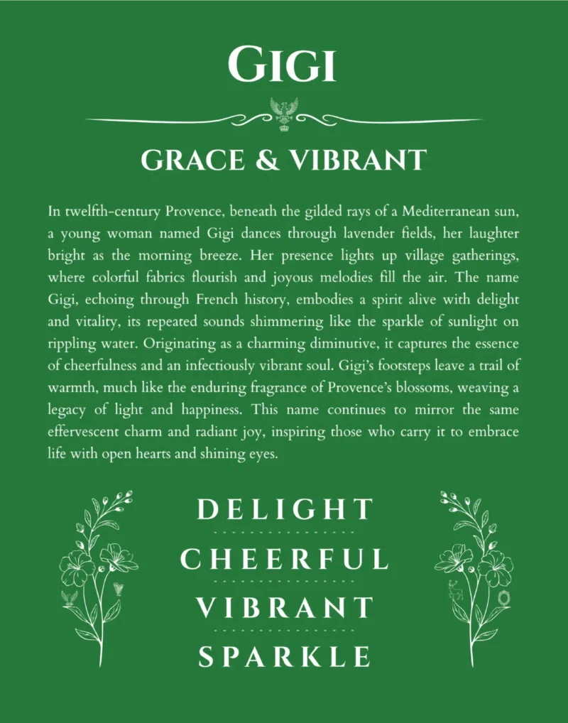 Gigi personalized name print with origin and traits in dark green