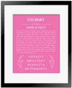 Gilbert name meaning wall art by Get Your Story in pink with black matte frame