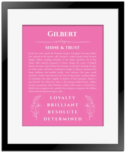 Gilbert name meaning wall art by Get Your Story in pink with black matte frame