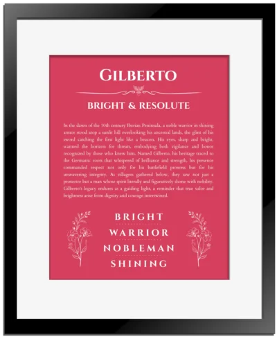 Gilberto personalized wall art with the story of your name in red with black matte frame