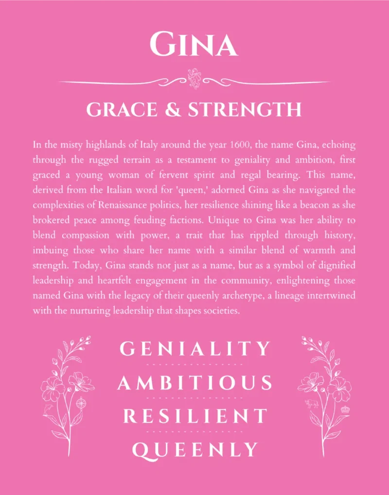 Gina personalized name art with origin story in pink