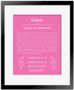 Gina personalized name art with origin story in pink with black matte frame