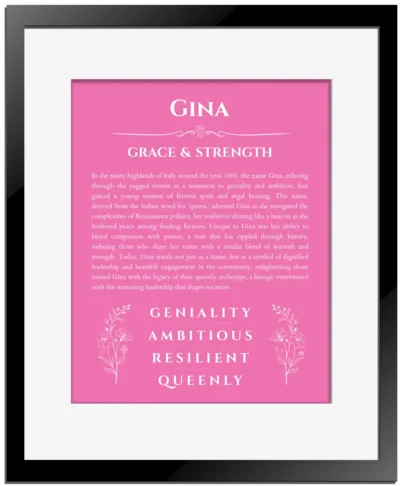 Gina personalized name art with origin story in pink with black matte frame