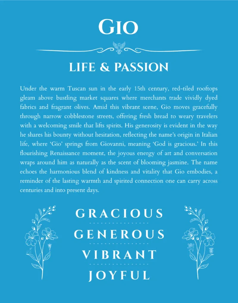 Gio custom name art showing meaning and origin in blue
