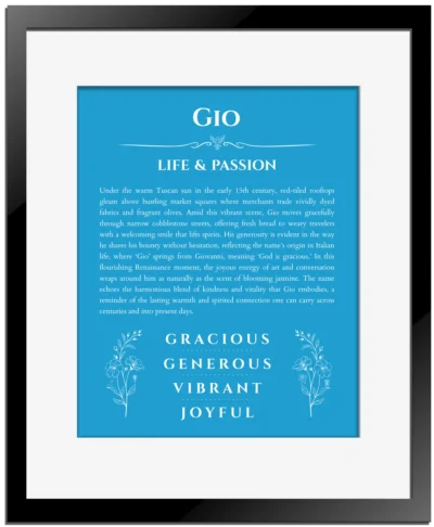 Gio custom name art showing meaning and origin in blue with black matte frame