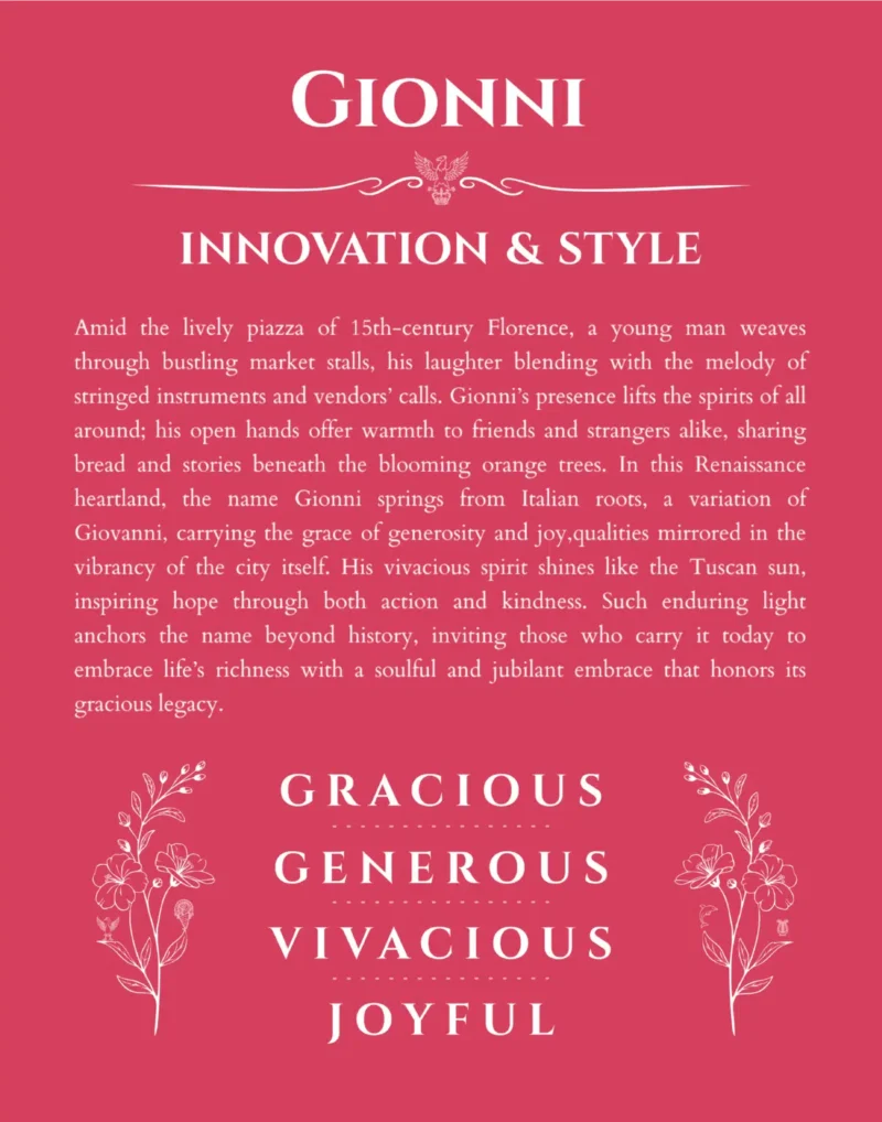 Gionni name origin print with meaning and traits in red