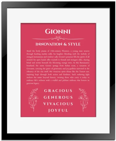 Gionni name origin print with meaning and traits in red with black matte frame