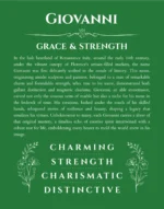 Giovanni personalized name art with origin story in dark green
