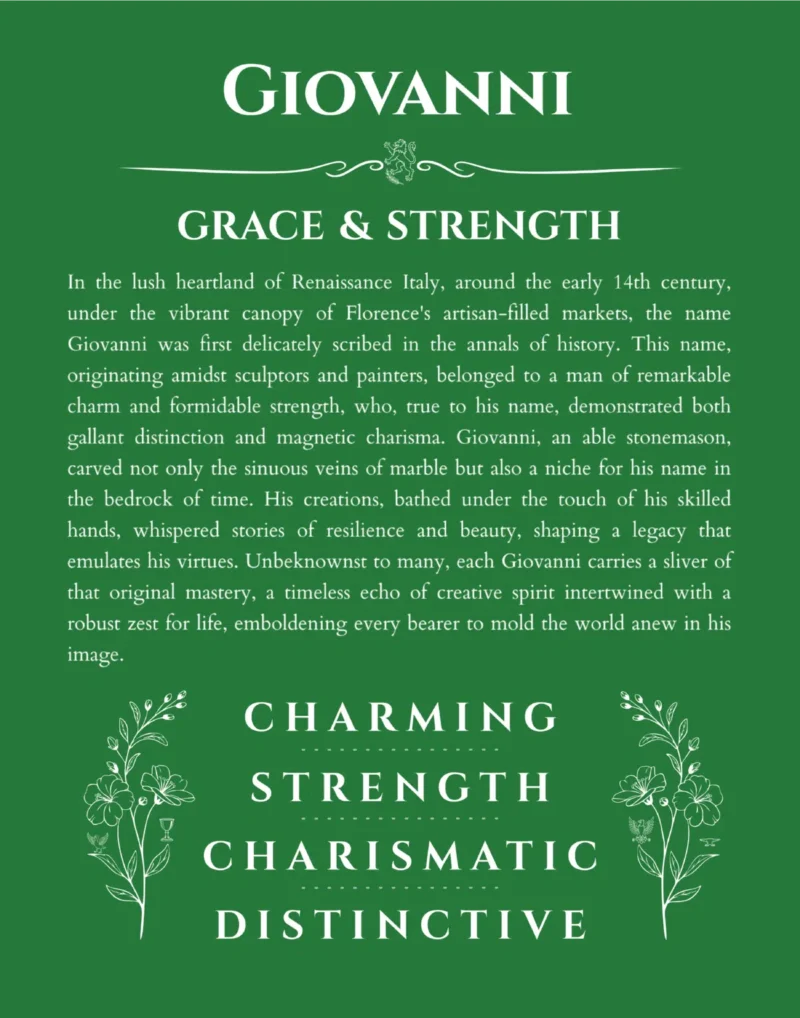 Giovanni personalized name art with origin story in dark green