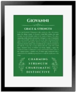 Giovanni personalized name art with origin story in dark green with black matte frame