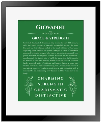 Giovanni personalized name art with origin story in dark green with black matte frame