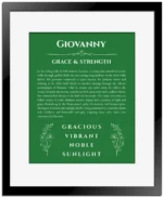 Giovanny custom name print for wall display in dark green with black matte frame