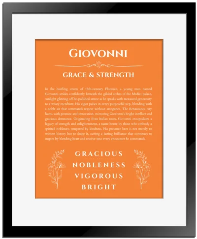 Giovonni name meaning gift print in orange with black matte frame