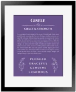 Gisele personalized name meaning print in purple with black matte frame