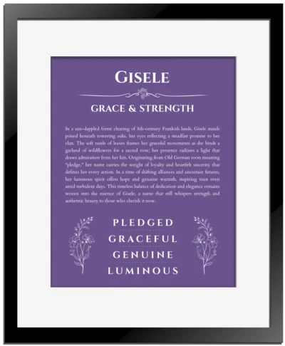 Gisele personalized name meaning print in purple with black matte frame