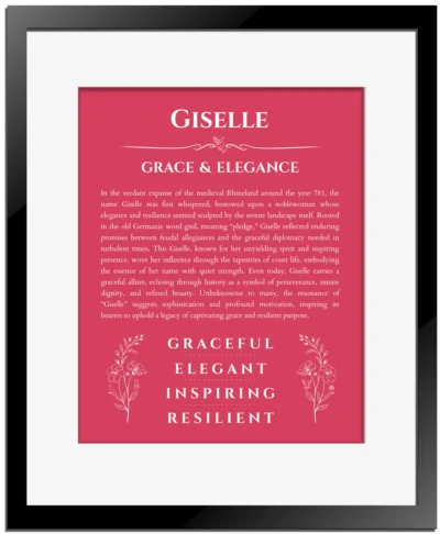 Giselle custom name art showing meaning and origin in red with black matte frame