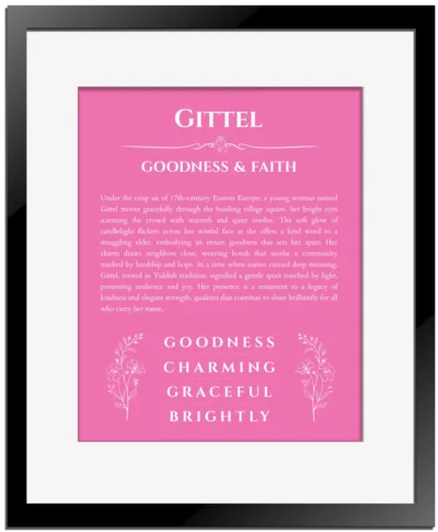 Gittel custom name art showing meaning and origin in pink with black matte frame