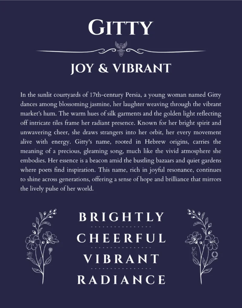 Gitty name origin print with meaning and traits in navy blue