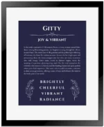 Gitty name origin print with meaning and traits in navy blue with black matte frame