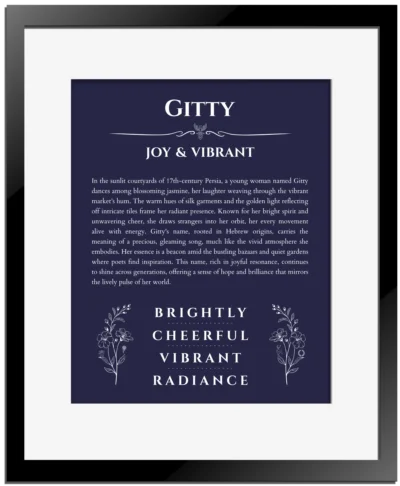 Gitty name origin print with meaning and traits in navy blue with black matte frame