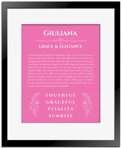 Giuliana custom name print for wall display in pink with black matte frame