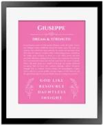 Giuseppe custom name meaning print in pink with black matte frame