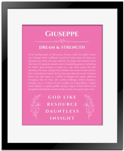 Giuseppe custom name meaning print in pink with black matte frame