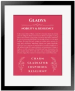 Gladys name origin print with meaning and traits in red with black matte frame