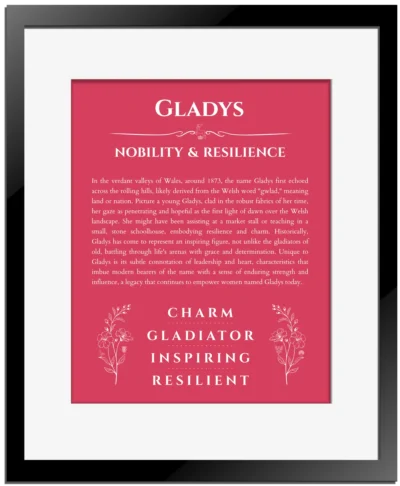 Gladys name origin print with meaning and traits in red with black matte frame