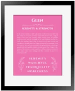 Glen custom name meaning print in pink with black matte frame