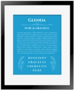 Glenda personalized name art with origin story in blue with black matte frame
