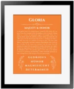 Gloria personalized name print with origin and traits in orange with black matte frame