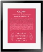 Glory personalized name print with origin and traits in red with black matte frame