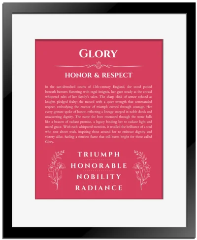 Glory personalized name print with origin and traits in red with black matte frame