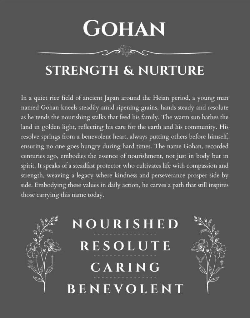 Gohan name origin print with meaning and traits in gray